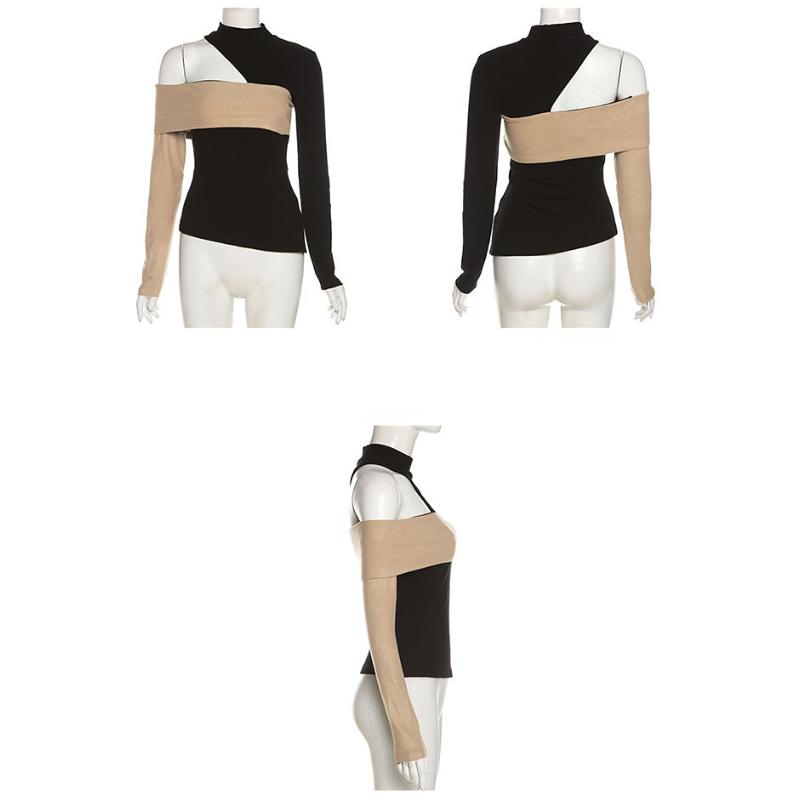 Винтажный дизайн с открытыми плечами и контрастным цветом, футболка с высоким воротом, длинными рукавами, поясом и тонкой нижней рубашкой с вырезом, сексуальный пуловер для горячих девушек