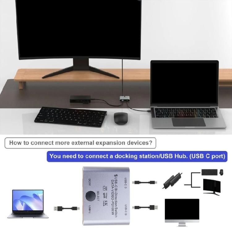 Переключатель KVM USB C 8K Двунаправленный переключатель USB C для 2 ПК Легкое переключение 1 кнопкой 2 входа 1 выход и 2 входа 1 выход 3440x1440