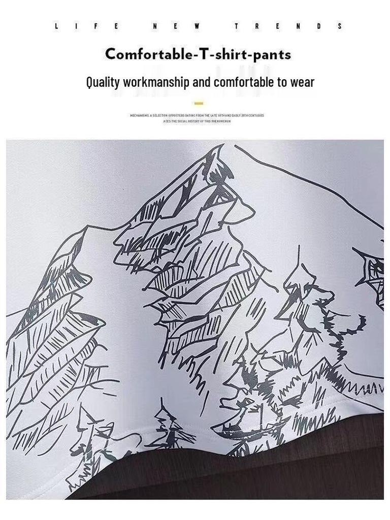 Мужской модный летний комплект из двух предметов из ледяного шелка: Повседневная футболка с коротким рукавом и шорты