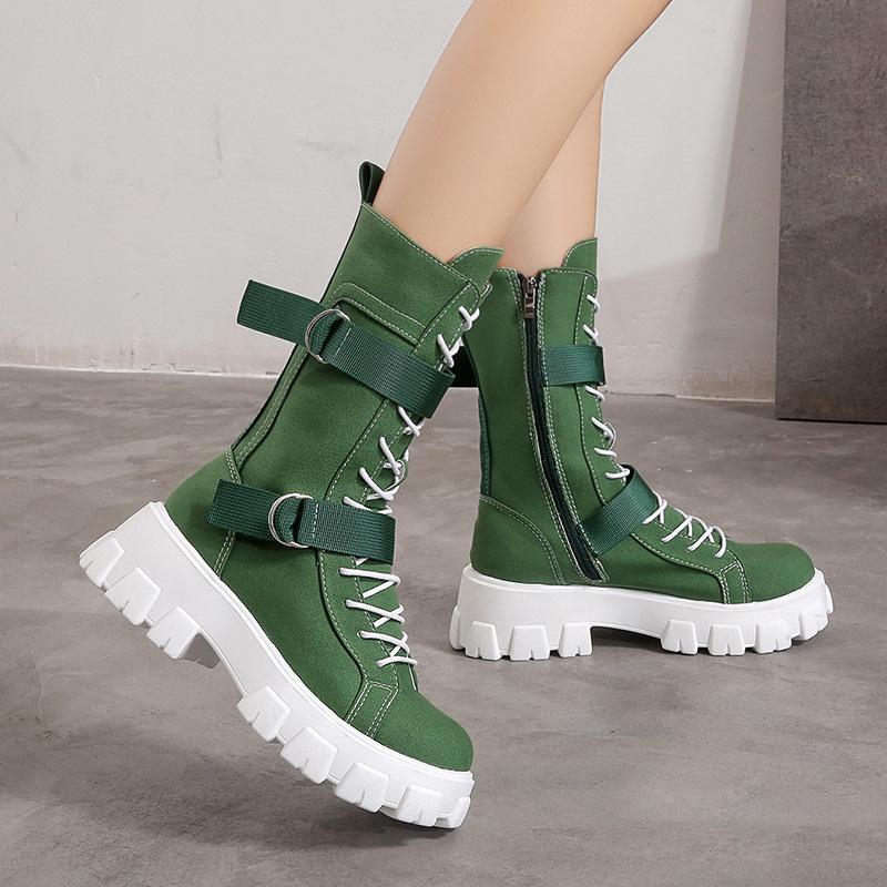 Женские парусиновые туфли с высоким берцем, повседневные мотоциклетные ботинки с закругленным носком на толстой подошве