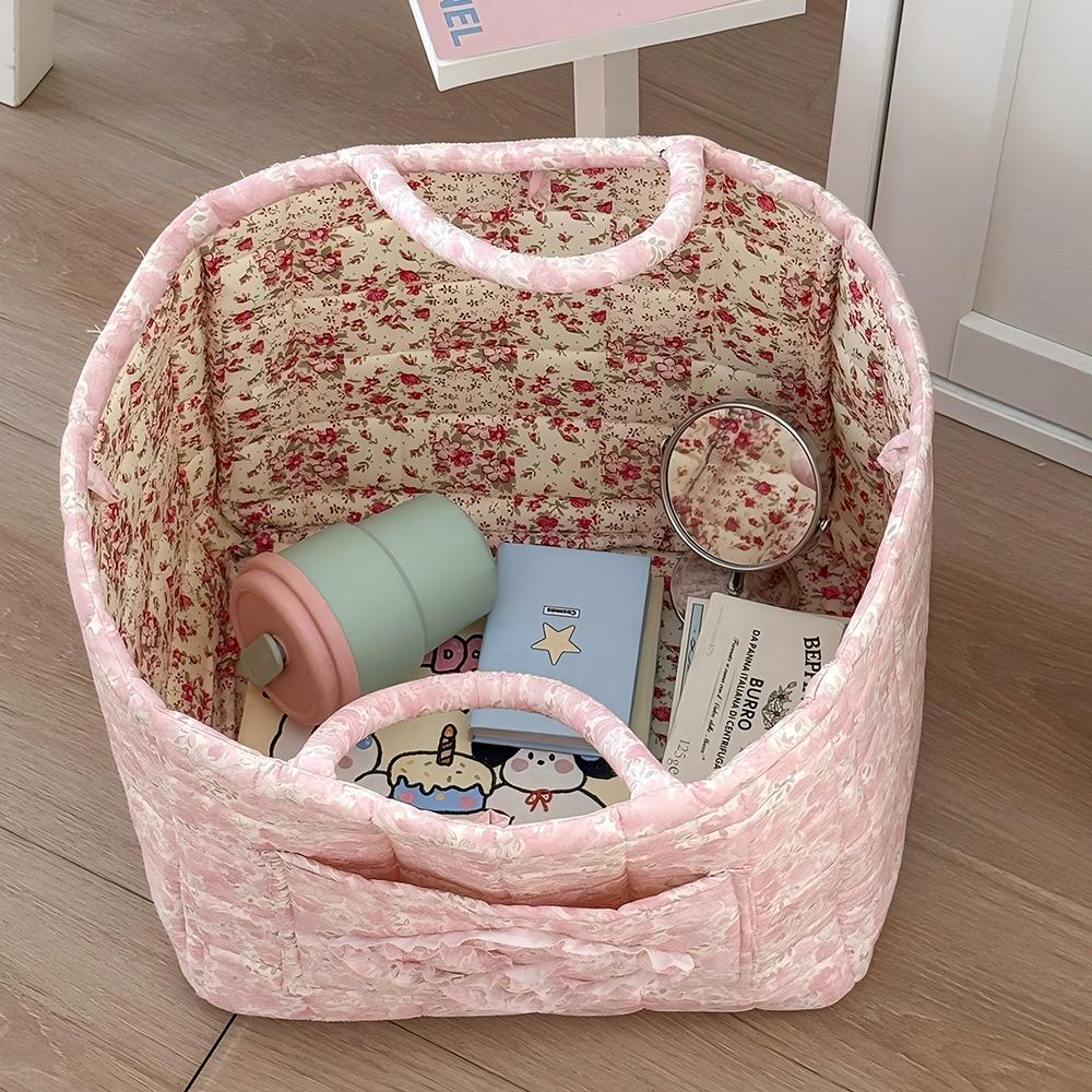 Airfriend Vintage Floral Organizers Basket With Handle Portable Home Room Quilted Foldable Storage Basket For Snack Clothes Toys