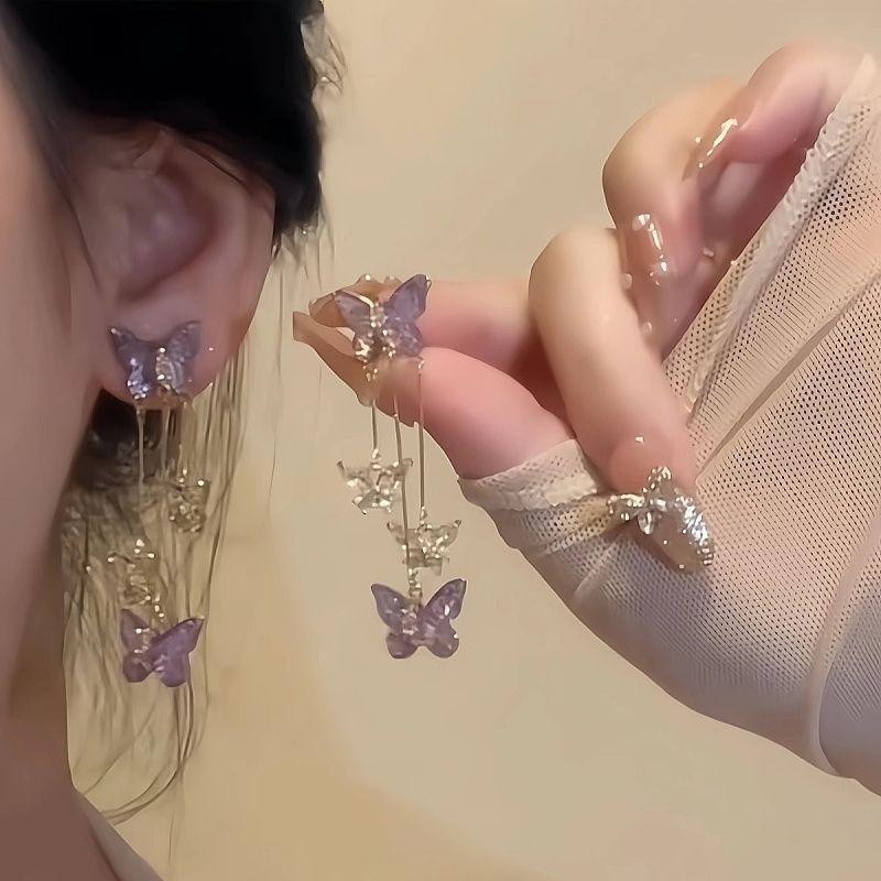 Romantic Purple Butterfly Drop Earrings for Women Shiny Rhinestone Crystal Long Tassel Earrings Delicate Wedding Party Jewelry