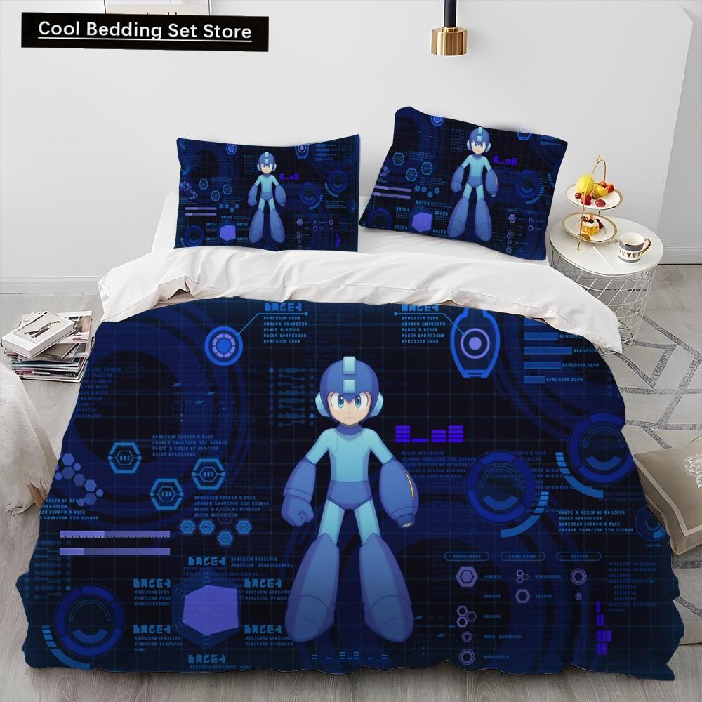 3D Рокмен Мегамен Игра Мультяшный Комплект Постельного Белья Одеяло Пододеяльник Наволочка,Королевский Размер Квинсайз Детский