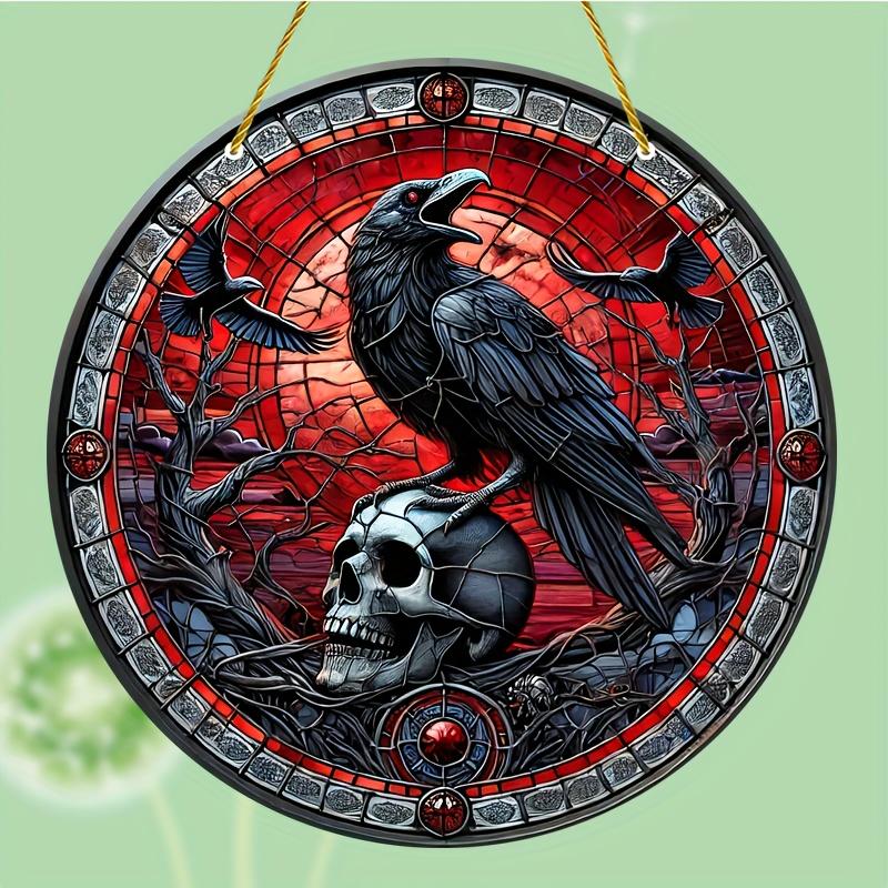 Crow Suncatcher 8"x8" - красочное искусство черепа для окон и стен, идеально подходит для любого сезона, декор крыльца и сада, идеальный подарок, украшения на Хэллоуин