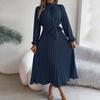 Women's Fashion Retro Solid Color Long Sleeve Waist Pleated Skirt Stand Collar Pullover Dress