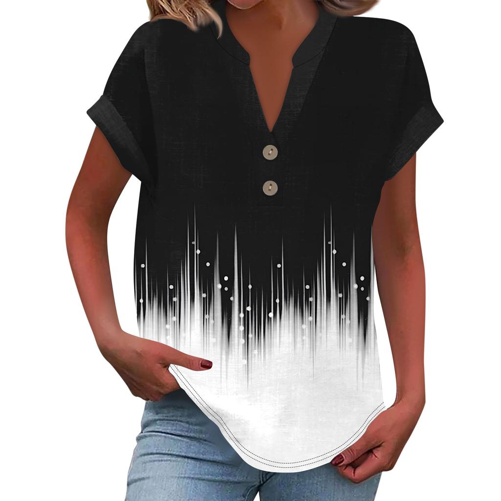 Женская модная повседневная рубашка с v-образным вырезом и коротким рукавом с принтом, футболка на пуговицах, топ