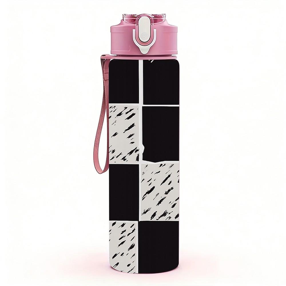 1PC Black White Square Checkered Pattern Print 750ml Color Plastic Sports Water Bottle Leakproof Flip Straw Lid Suitable for Sports Office Home Use