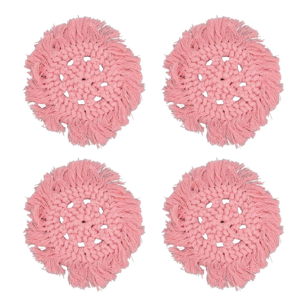 4pcs Cotton Thread Woven Drink Coasters with Tassel Round Pure Color Elegant   Lipstick Pot Pads Mats