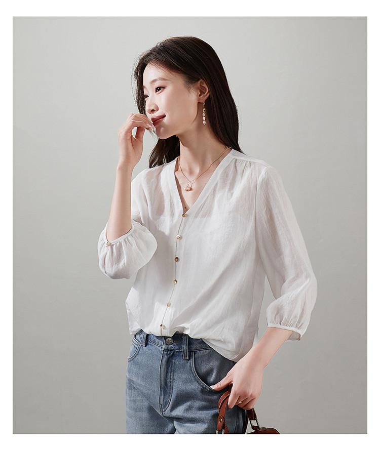 French V-neck seven quarter sleeved ramie shirt for women, 2026 spring loose and versatile casual shirt