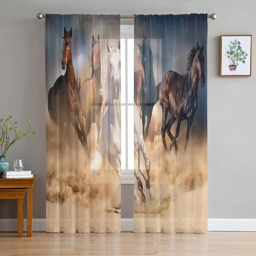 Running Horse Animal Sheer Curtains Living Room Window Tulle Curtains For Bedroom Kitchen Home Decoration Voile Drapes
