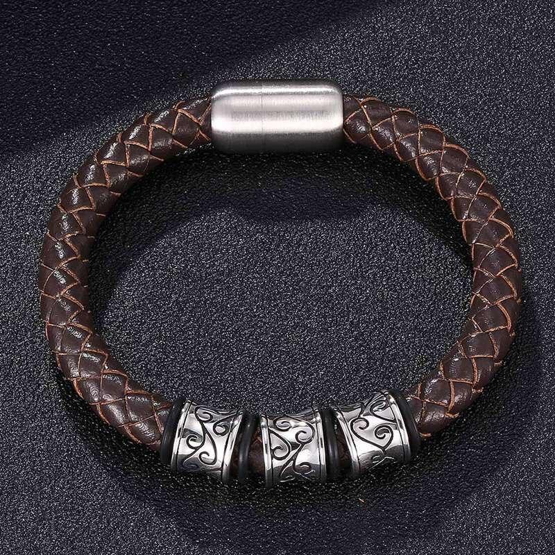 Fashion Men Jewelry Leather Bracelet Viking Charm Stainless Steel Cuff Bracelets With Strong Clasp Fashion Bangles