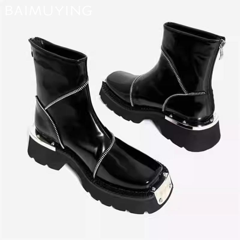 Leather Plaform Women Ankle Shoes Mid Heels Deisgner Shoes Chunky Winter Motorcycle Boots 2024 Trend New Goth Botas De Mujer