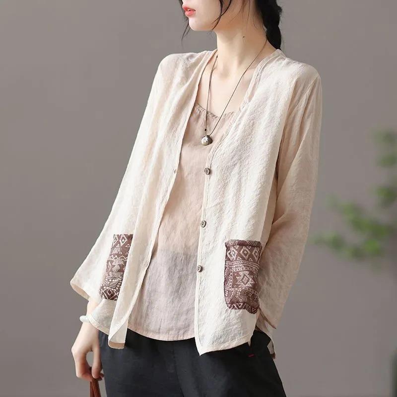 Женский S Винтажный V-образный вырез Тонкий Кардиган Короткая Куртка Повседневная Летняя Свободная