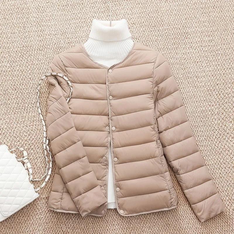 Autumn Winter Women Lightweight Cotton Jacket Liner Warm Down Jackets Collarless Portable Female Padded Parkas Round Neck Puffer Overcoat