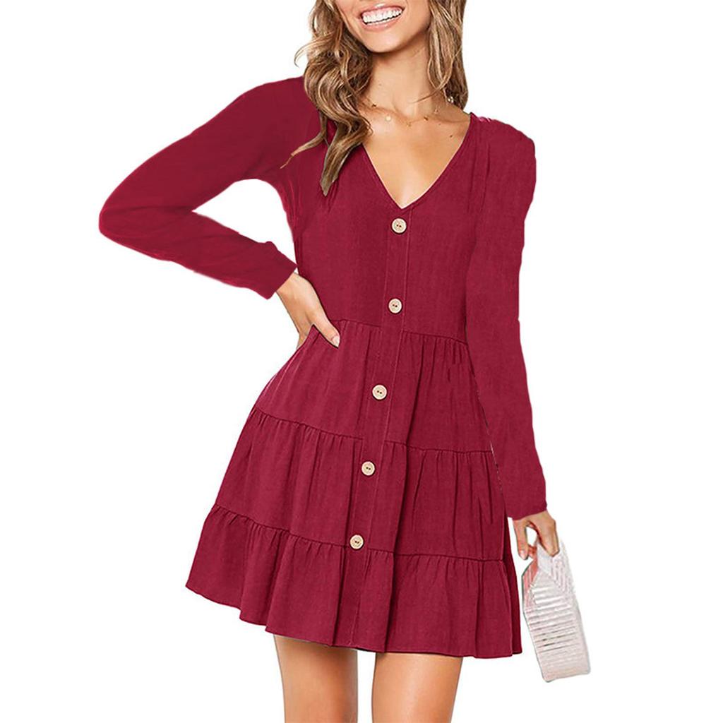 Women's Casual Button Down Long Sleeve V Neck Flowy Loose Fit Swing Cute Short  Dress