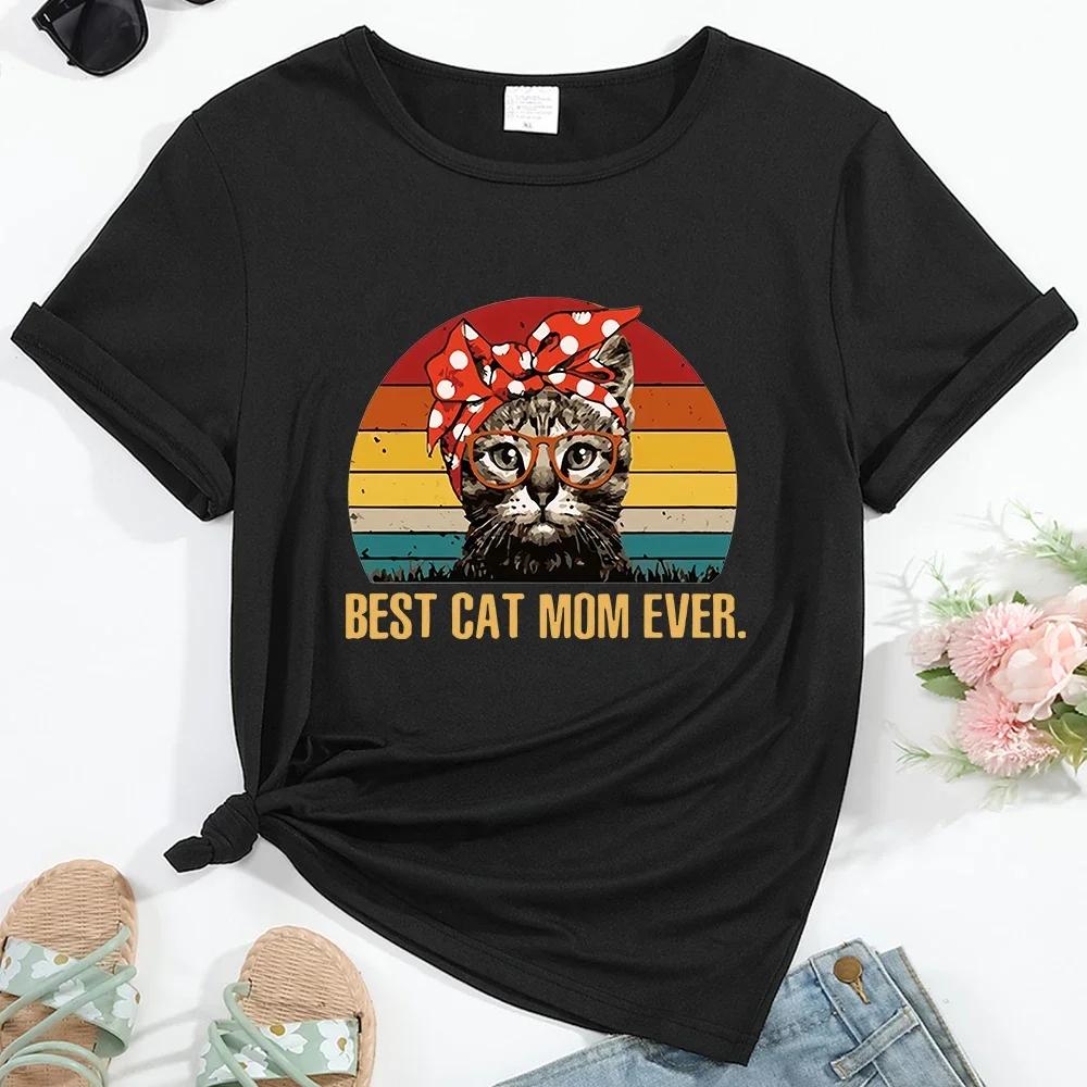 Camiseta de mujer con estampado de el mejor gato mamá de todos los tiempos ropa de calle informal con cuello redondo camisetas