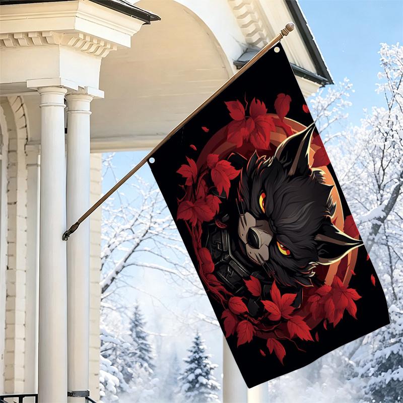 2D Flat - 2D Flat - 1pc 2D Flat, Decorative Flag, Black Werewolf Red Leaf Printed Flag, Dark Style Animal Themed Banner, Indoor Outdoor Courtyard Part