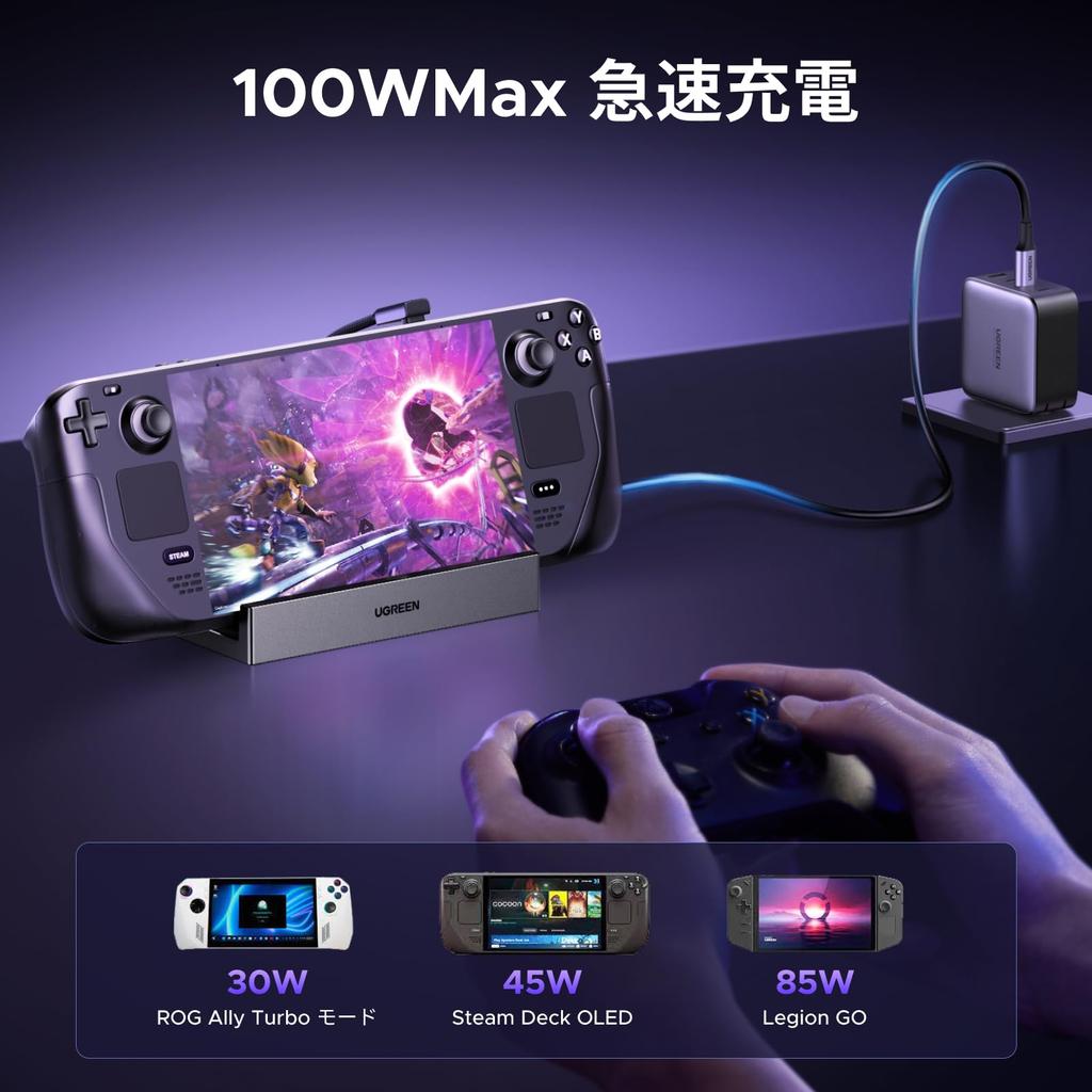 UGREEN Станция-хаб для Steam DP DisplayPort 10 Гбит/с x 1000 Мбит/с 2 x USB Картридер 100 Вт PD Без регулируемого угла 9-в-1 USB-C Deck/Switch/Rog