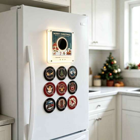 Programmable Music Box Vinyl Record Player Fridge Magnet for Christmas, with 9 Records, Decorative 256MB Memory, LED Light-Up Personalized NFC