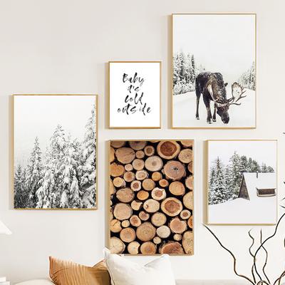 Зимний принт бревенчатая избушка с лосем настенное искусство лесной рождественский декор деревенский зимний холст постер современный скандинавский декор для гостиной