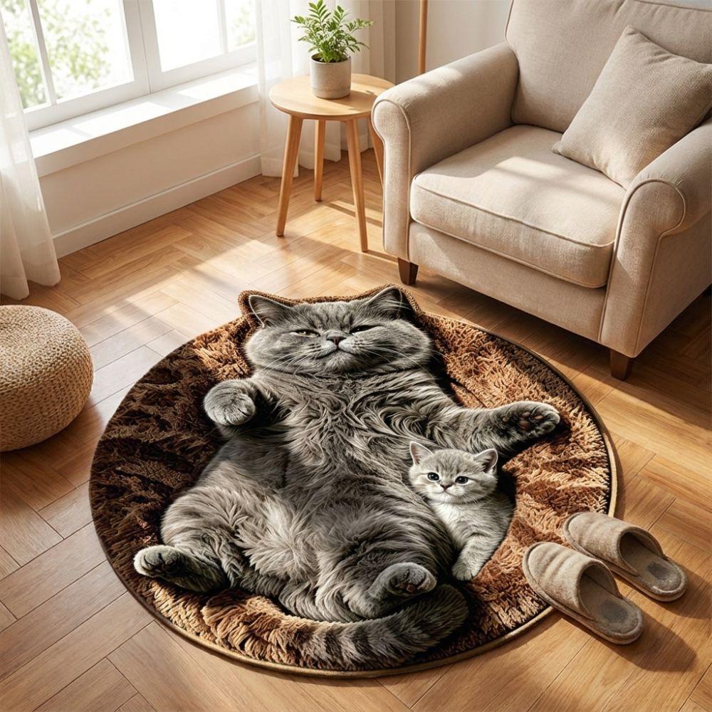 Round Shape Home Decor Carpet Non-Slip Cartoon Carpet Cute Cat Area Rug Bedrooms