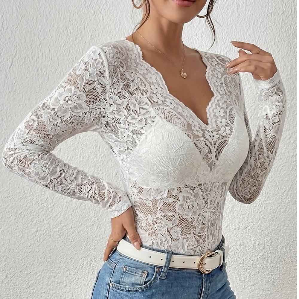 Long Sleeve Sheer Lace Tops V Neck Base Layer Shirt Y2k Lace Sheer T-Shirts Spring