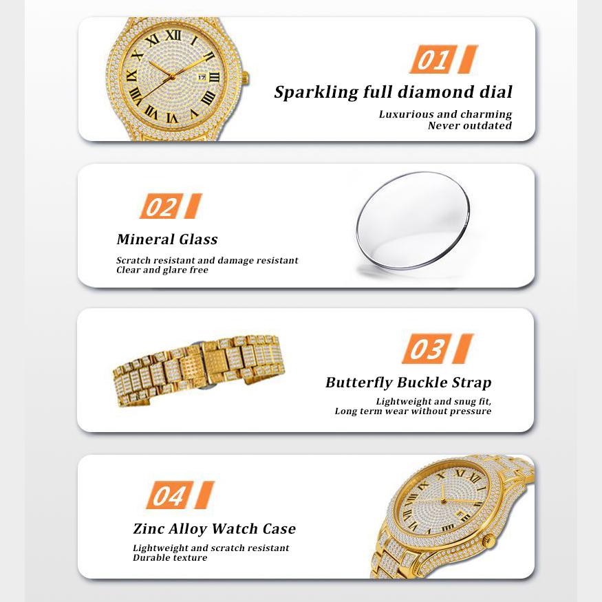Mens Diamond Watches Quartz with Date Display Zinc Alloy Daily Waterproof Hip Hop Luxury Watch