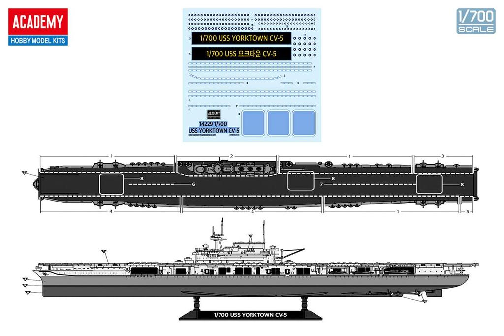 Академия 1/700 масштаб Авианосец ВМС США CV-5 Йорктаун Операция Мидуэй Пластиковый набор 14229