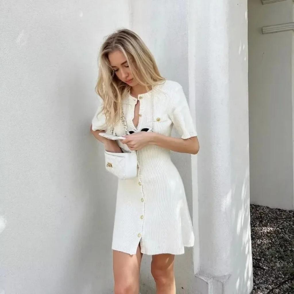 Elegant Knit Mini Dress Women Street Slim High Waist Short Sleeve Rib Sweater Dresses Vacation Bodycon Knitwear Dress