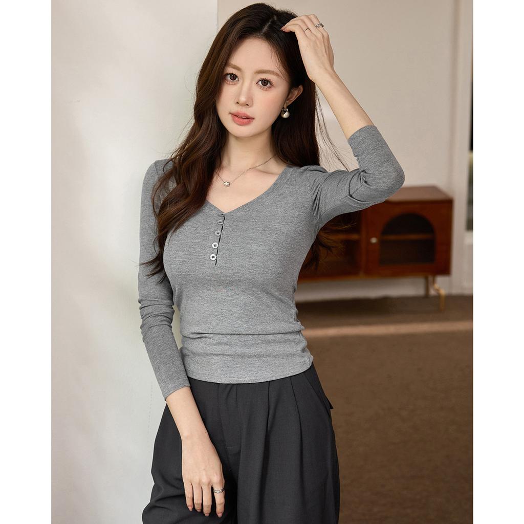 Chic Button Design T-shirt Women Fall New Slim Spice Sexy Long Sleeve Top