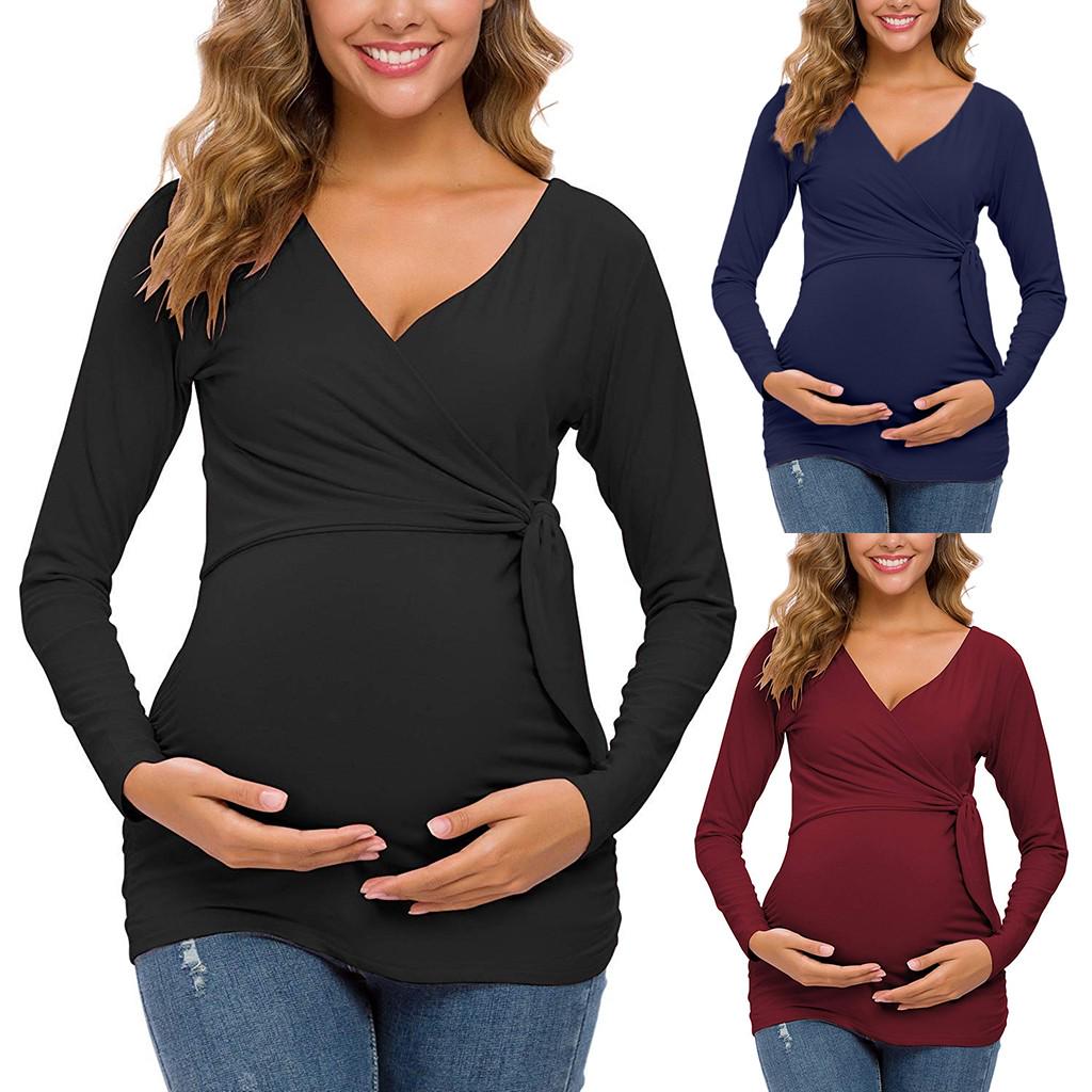 Women's Maternity Long Sleeve V-neck Shirts Tops For Breastfeeding