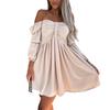 Women Mini Dress Off Shoulder Loose Hem High Waist Bubble Sleeves A-line Solid Color Soft Pleated Lady Beach Prom Dress