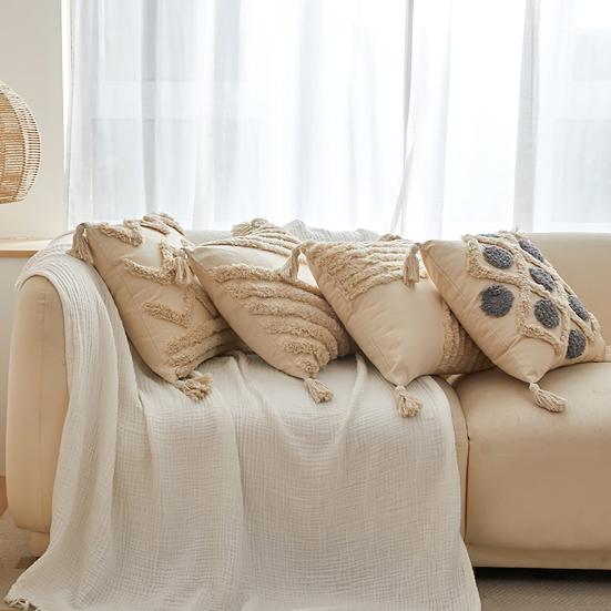 Throw Pillow Case with Tassel Bohemian Style Short Plush Fringe Decor Office