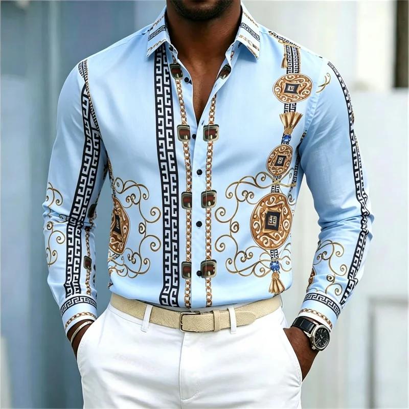 Luxury Ornate Patterned Long Sleeve Shirt, Stylish Formal-Casual Wear For Men