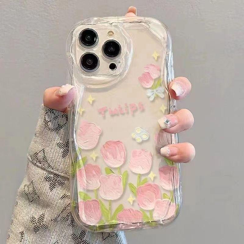 Розовый масляный рисунок тюльпан чехол для мобильного телефона iPhone17Promax прозрачное применение Apple 16promax кремовый чехол