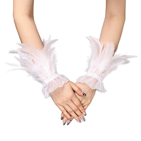 Women's Feather Wrist Cuffs Gothic Feather Fingerless Gloves Wristband Mesh Cuff for Halloween Cosplay Costume Accessories
