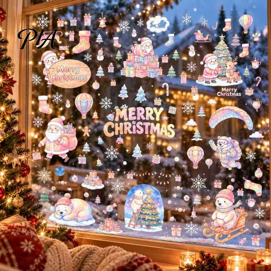 Winter Wonderland Ornaments 9Pcs Christmas Window Clings, Macaron Static Stickers, Glue Free Glass Stickers with PVC Decoration Sheets Santa Claus and
