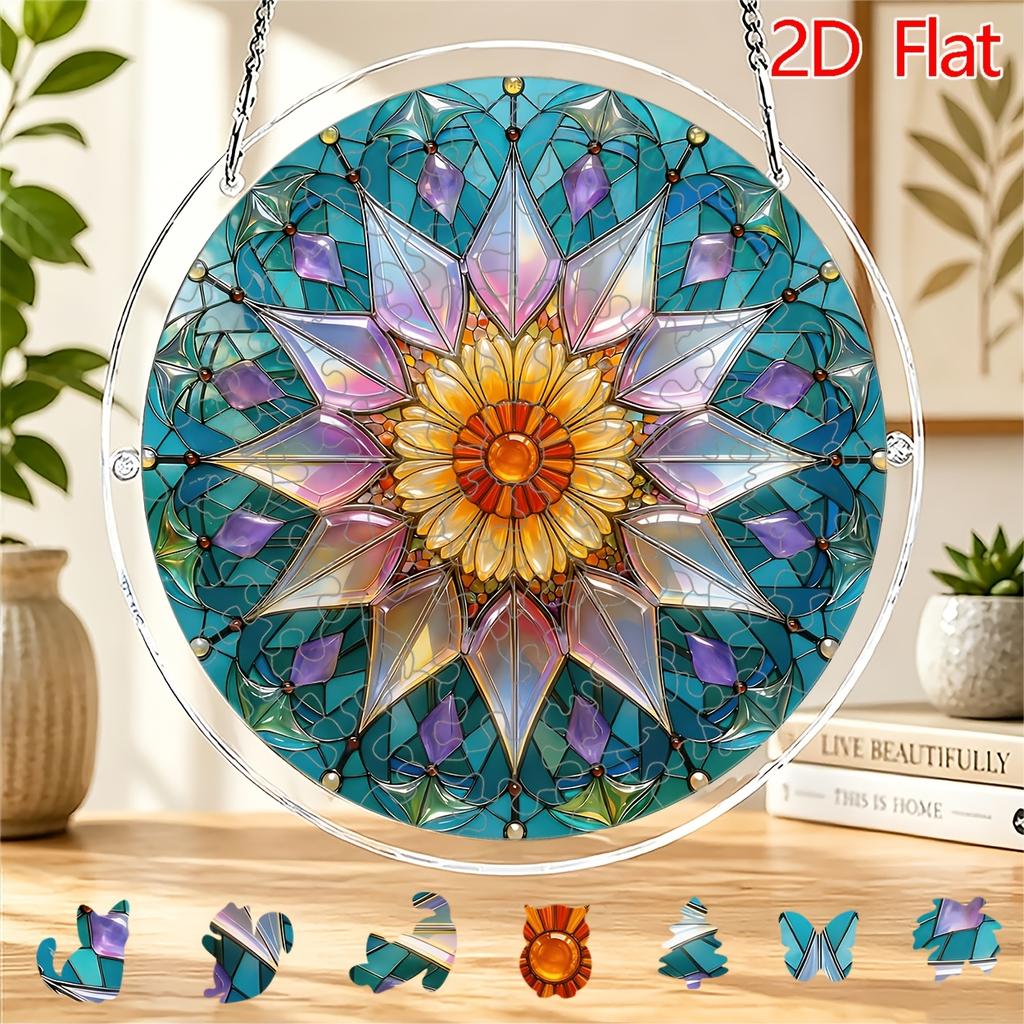 2D Flat Acrylic Puzzle Sun Catcher 83pcs, Teal Blue Lapis Lazuli Sunflower Starburst Theme Sun Catcher Puzzle, Home Garden Decoration, Suitable for Ch