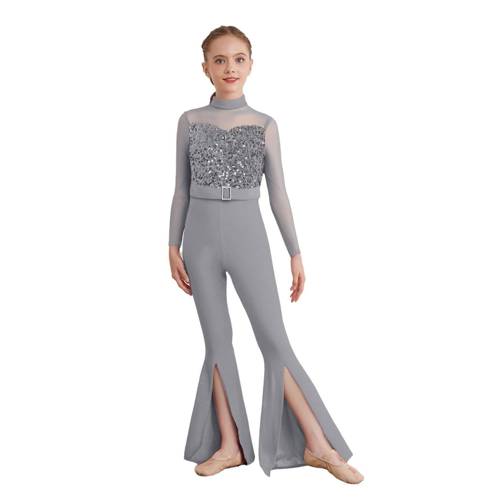 Костюм для джазового танца для девочек, комбинезон с длинными рукавами и вырезом на спине из прозрачной сетки, расширяющийся книзу, с пайетками