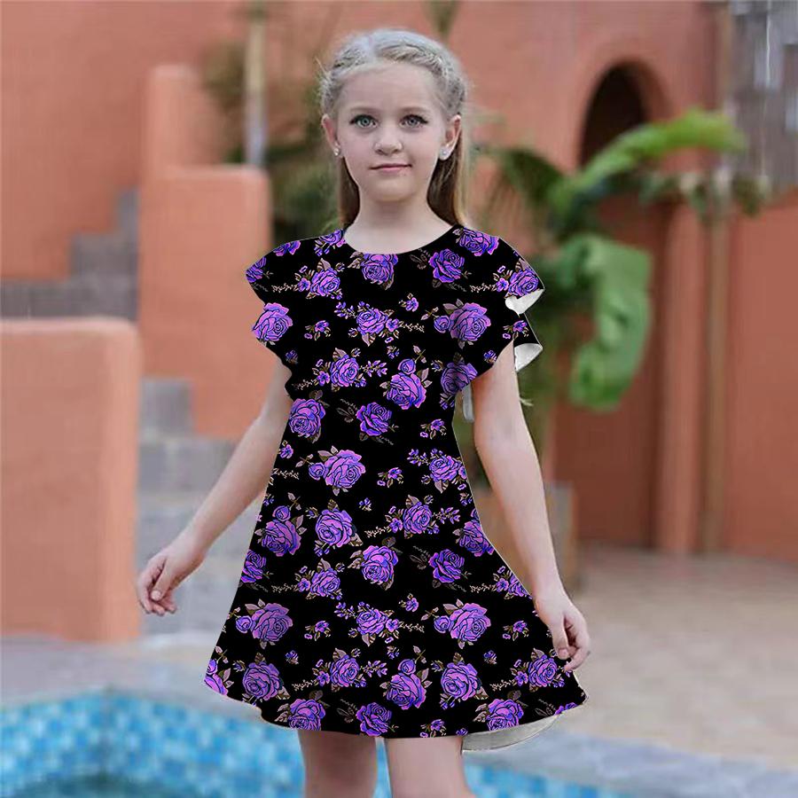 Платья с принтом желтой розы для девочек. Детское праздничное платье для девочек. Свободная облегающая юбка с короткими рукавами для девочек старше четырех лет.
