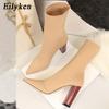 Autumn Winter Comfort Stretch Sock Women Ankle Boots Fashion Square High Heel Pointed Toe Banquet Female Shoes