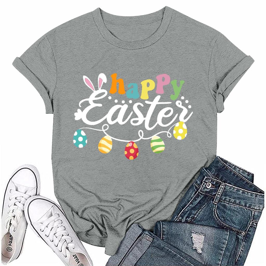 Женская модная пасхальная принтованная повседневная плиссированная круглая футболка с коротким рукавом