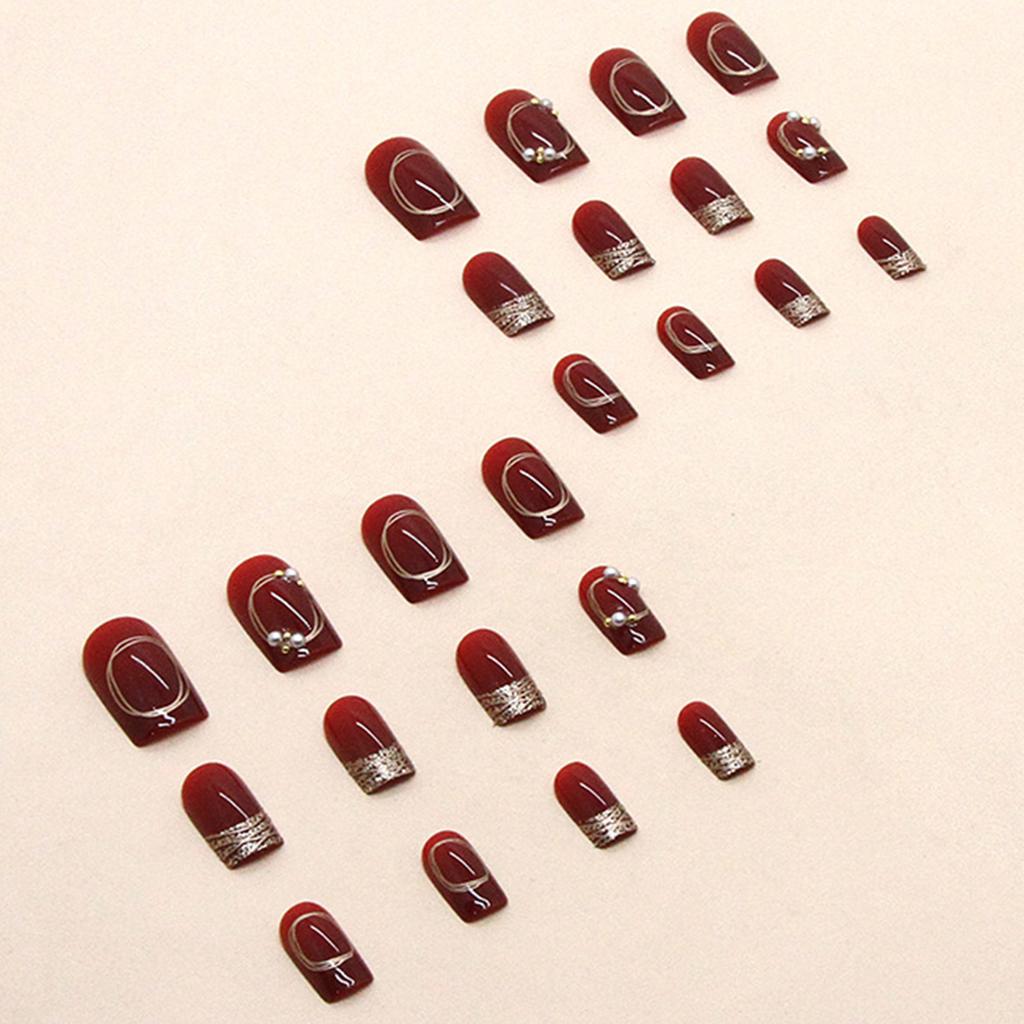 Wine Red Glossy Fake Nails New Year Square Tips Reusable Artificial Nail for Daily Students Nail Decoration