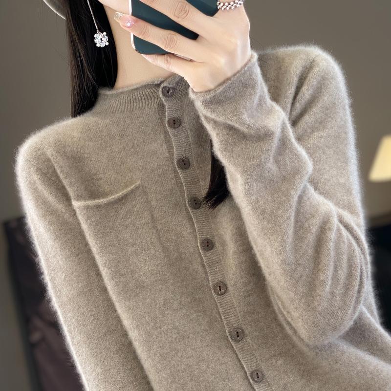 Women's Round Neck Cashmere Cardigan, Qinghe Cashmere, 30% Cashmere 70% Wool, Winter Knitted Pullover Autumn Sweater Cashmere Sweater