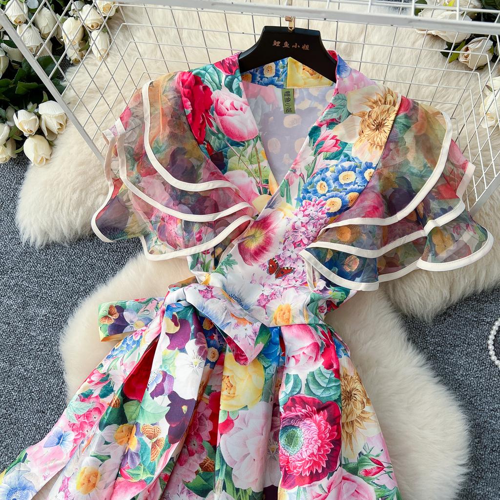 Франция Элегантный Винтаж Дворцовый Вечернее Платье Женщин Сетчатый Принт Пояса Оборками Длинное Вечернее Платье Женщин Повседневная Праздничная Одежда Новинка