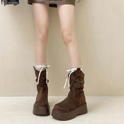 Ретро темперамент тонкие толстоподошвенные короткие ботинки женские осенне-зимние модные универсальные замшевые со складками с пальто средней длины модные ботинки