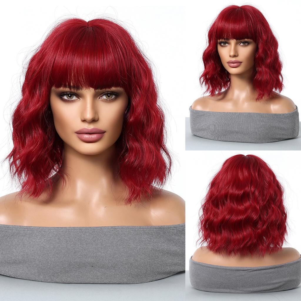 Women's Front Lace Heat Resistant Short Curly Wig with Blunt Bangs Ladies Fashion Natural Looking Golden Bobo Wig