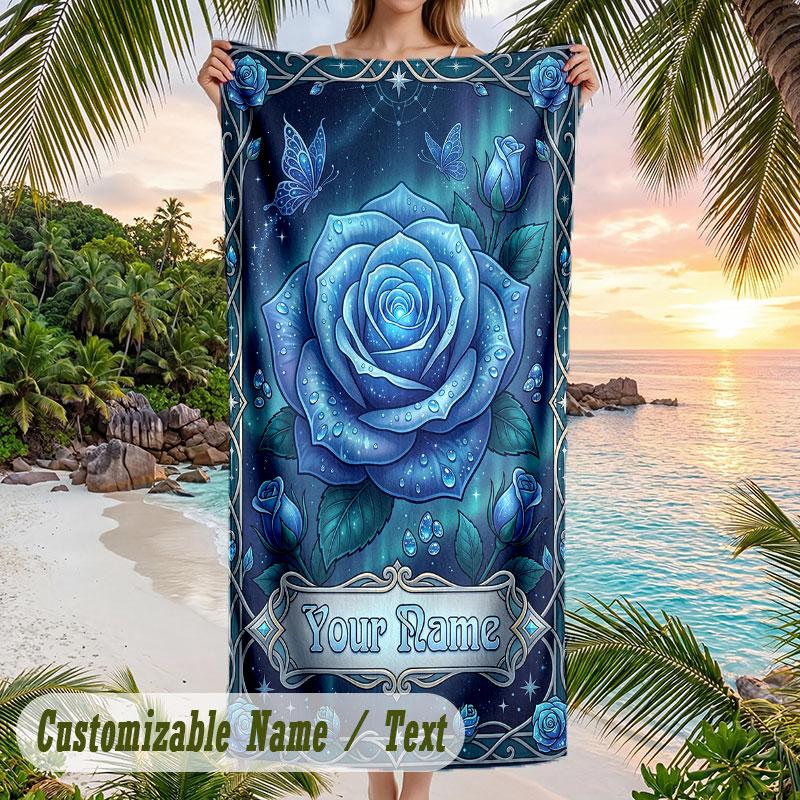 Blue Rose Elegance Theme Quick Dry Beach Towel Custom Name Text Print Large Sand Resistant Towel Beach Vacation