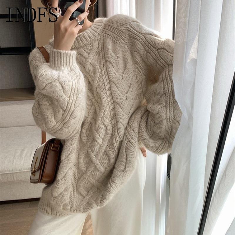 INDFS Women's Fashion Casual Fall Winter Solid Color Print Long Sleeve O-Neck Sweaters