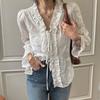 Fashion New Ruffled V-neck White Lace Shirt Women Long Sleeve Tops Lace-up Elegant White Blouse Women Vintage Hollow Solid Slim Fit Female Shirt 26238